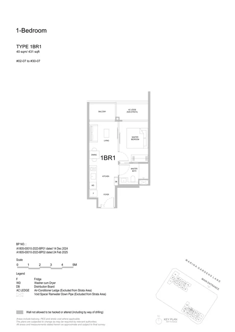 One Marina Gardens floor plan, Type 1BR1 (1-Bedroom): 1 bedroom, 40 sq m (431 sq ft), 29 homes in Block 3, stack 07, 2nd to 30th storey (developer drawing with key plan)