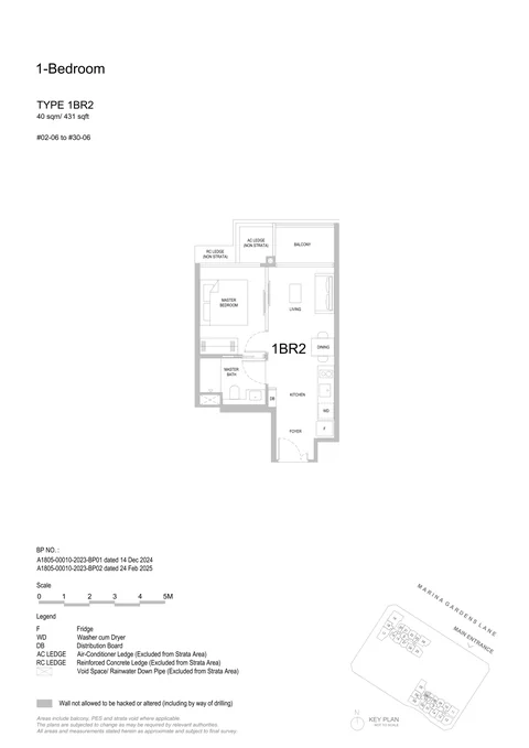 One Marina Gardens floor plan, Type 1BR2 (1-Bedroom): 1 bedroom, 40 sq m (431 sq ft), 29 homes in Block 3, stack 06, 2nd to 30th storey (developer drawing with key plan)