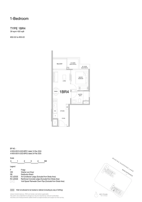 One Marina Gardens floor plan, Type 1BR4 (1-Bedroom): 1 bedroom, 39 sq m (420 sq ft), 29 homes in Block 3, stack 02, 2nd to 30th storey (developer drawing with key plan)