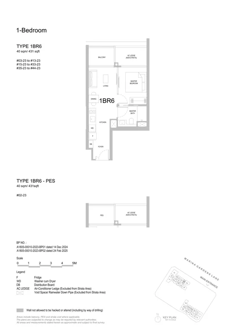 One Marina Gardens floor plan, Type 1BR6 (1-Bedroom): 1 bedroom, 40 sq m (431 sq ft), 41 homes in Block 5, stack 23, 2nd to 44th storey (PES on the 2nd) (developer drawing with key plan)