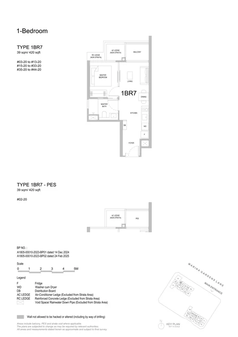One Marina Gardens floor plan, Type 1BR7 (1-Bedroom): 1 bedroom, 39 sq m (420 sq ft), 41 homes in Block 5, stack 20, 2nd to 44th storey (PES on the 2nd) (developer drawing with key plan)