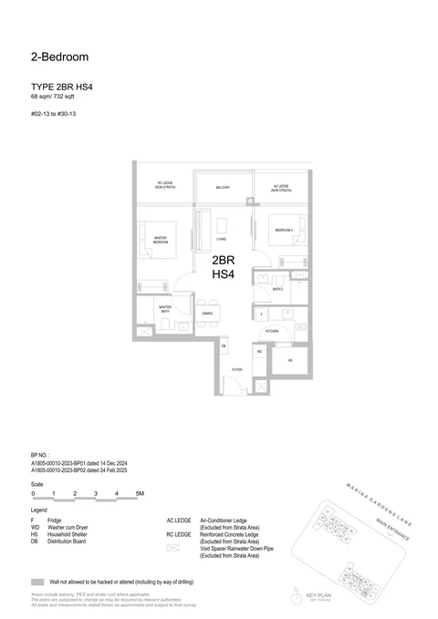 One Marina Gardens floor plan, Type 2BR HS4 (2-Bedroom HS): 2 bedrooms (HS), 68 sq m (732 sq ft), 29 homes in Block 3, stack 13, 2nd to 30th storey (developer drawing with key plan)