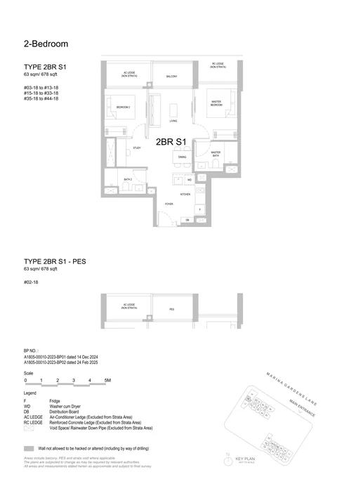 One Marina Gardens floor plan, Type 2BR S1 (2-Bedroom + Study): 2 bedrooms + study, 63 sq m (678 sq ft), 41 homes in Block 5, stack 18, 2nd to 44th storey (PES on the 2nd) (developer drawing with key plan)