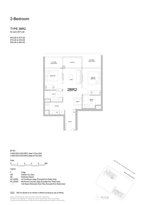 One Marina Gardens floor plan, Type 2BR2 (2-Bedroom): 2 bedrooms, 62 sq m (667 sq ft), 40 homes in Block 5, stack 26, 3rd to 44th storey (developer drawing with key plan)