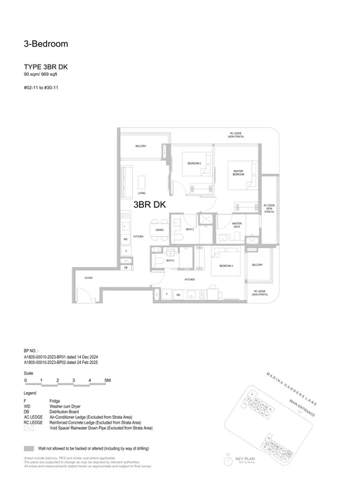 One Marina Gardens floor plan, Type 3BR DK (3-Bedroom Dual Key): 3 bedrooms, dual key, 90 sq m (969 sq ft), 29 homes in Block 3, stack 11, 2nd to 30th storey (developer drawing with key plan)