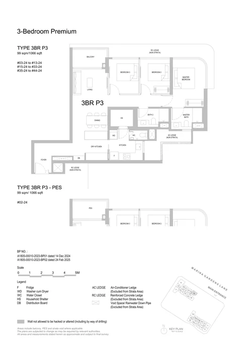 One Marina Gardens floor plan, Type 3BR P3 (3-Bedroom Premium): 3 bedrooms premium, 99 sq m (1,066 sq ft), 41 homes in Block 5, stack 24, 2nd to 44th storey (PES on the 2nd) (developer drawing with key plan)