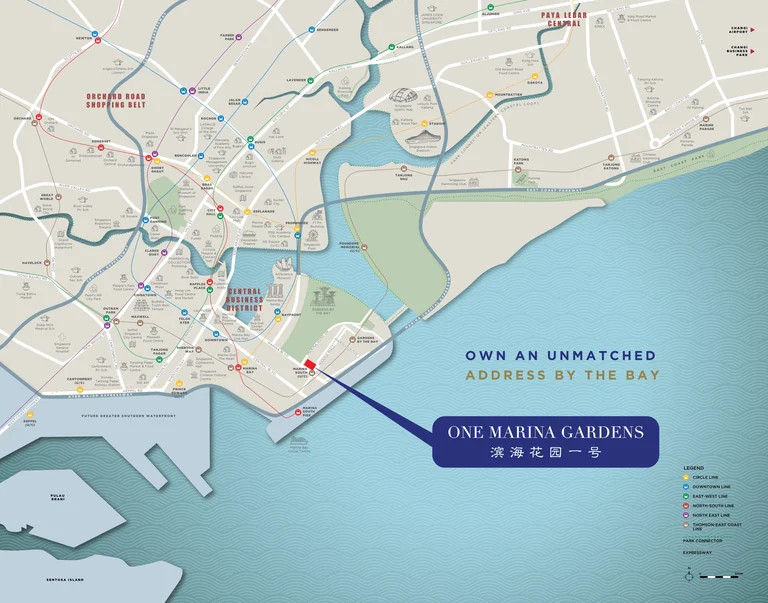 One Marina Gardens location map (developer drawing): the site at Marina South station on the Thomson-East Coast Line, with the MRT lines, the Central Business District, Gardens by the Bay and the East Coast