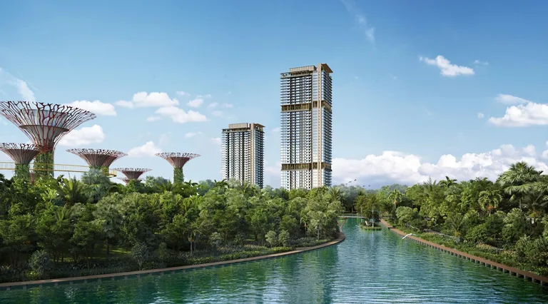 One Marina Gardens, artist&rsquo;s impression: the 44-storey and 30-storey towers rising beyond the trees and the waterway of Gardens by the Bay, with the Supertrees on the left