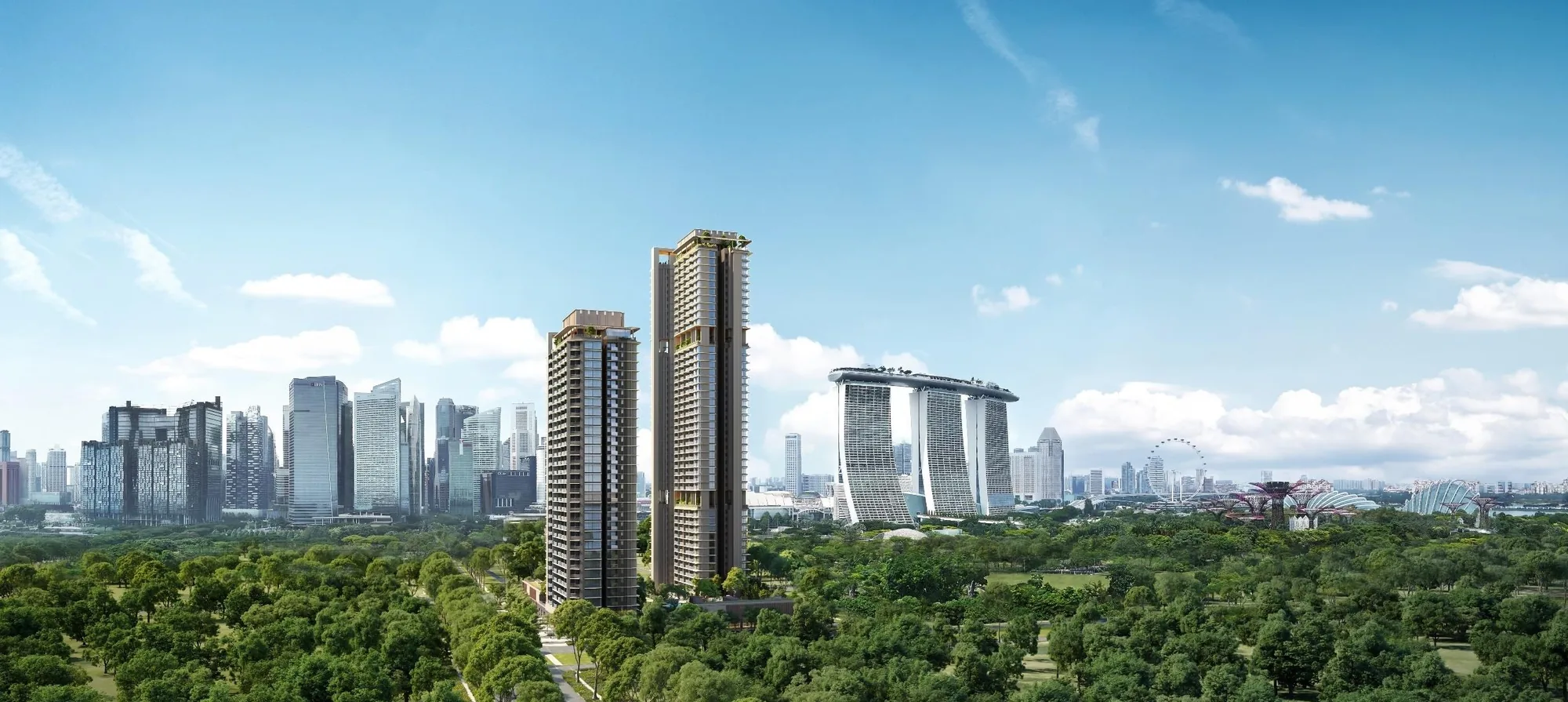One Marina Gardens, artist&rsquo;s impression: the two towers standing above a canopy of trees, with Marina Bay Sands and the towers of the city behind